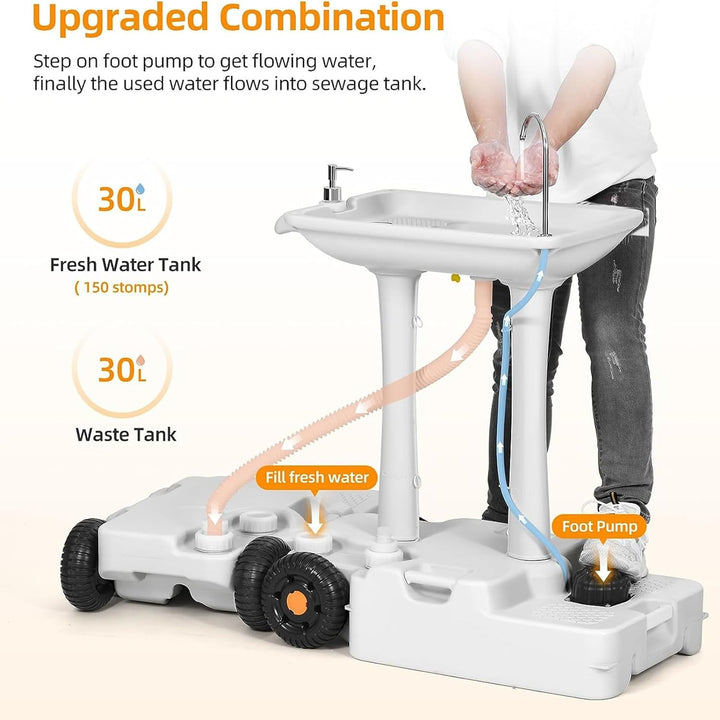Portable Camping Hand Wash Sink Basin 30L with Wheels Dispenser