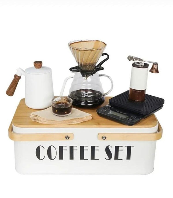 Portable Coffee Maker Set Coffee Kettle Scale Server Dripping Cup Bean Grinder Filter Paper All in 1Metal Box for Traveling Coffee Gift