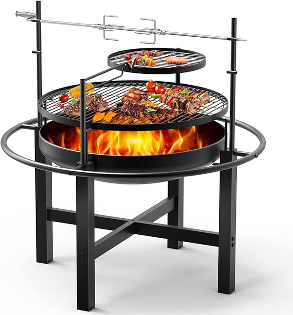 Outdoor Fire Pit with Adjustable Roast Fork, Cooking Grill, 23In Fire Pit Bowl Set for Garden, Beaches BBQ, Camping Picnic