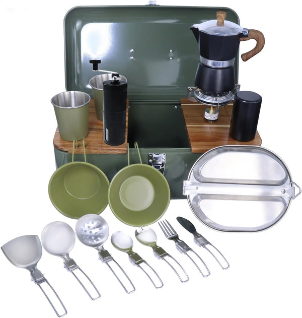 Outdoor Camping Coffee Set with Moka Pot, Plates, Cups, Spoon, Board